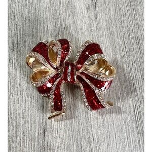 Macy's Enamel Bow Brooch Gold Tone Rhinestone Christmas Holiday Pin